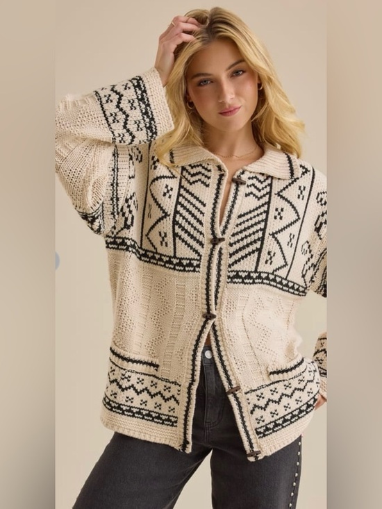 Altar'd State Sweaters - Altar'd State Naya Fair Isle Cardigan Cream Black Chunky Knit